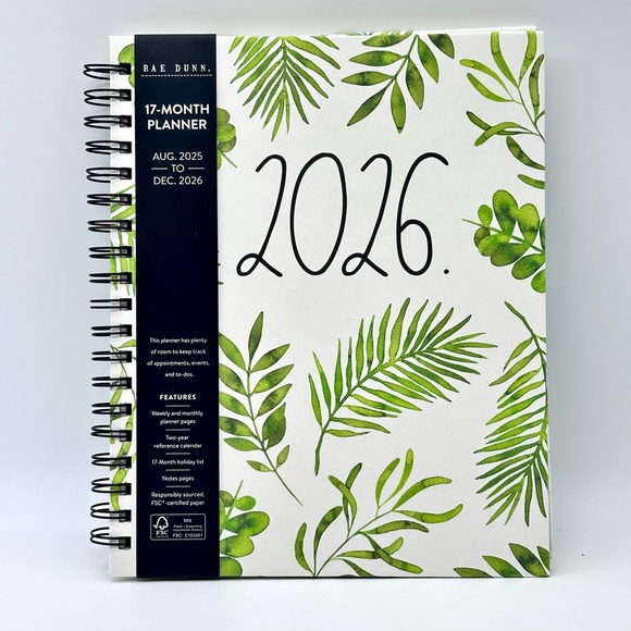 Rae Dunn Large Hard Cover Spiral 17-month Planner 2026 Leaves (Black/Ivory) - Picture 1 of 12